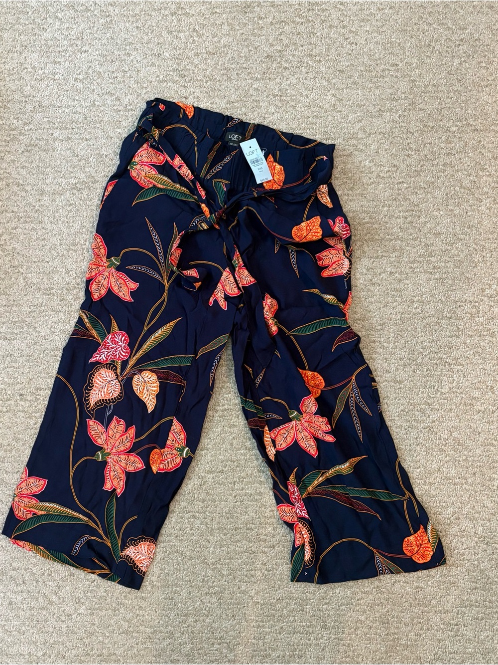 LOFT Navy Tropical Print Tie-Front Pants